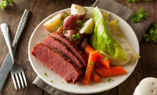 Plate with corned beef, cabbage and carrots.