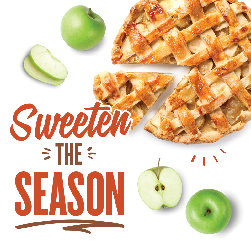 Picture of a delicious apple pie with the words 'sweeten the season'